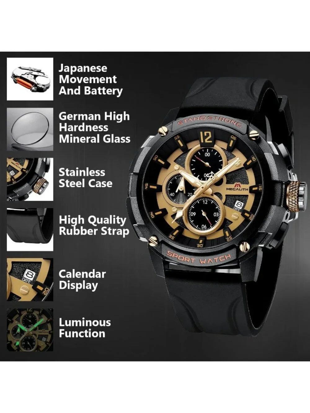 Men's Gold Analog Quartz Heavy Duty Waterproof Chronograph Luminous Wrist Watch